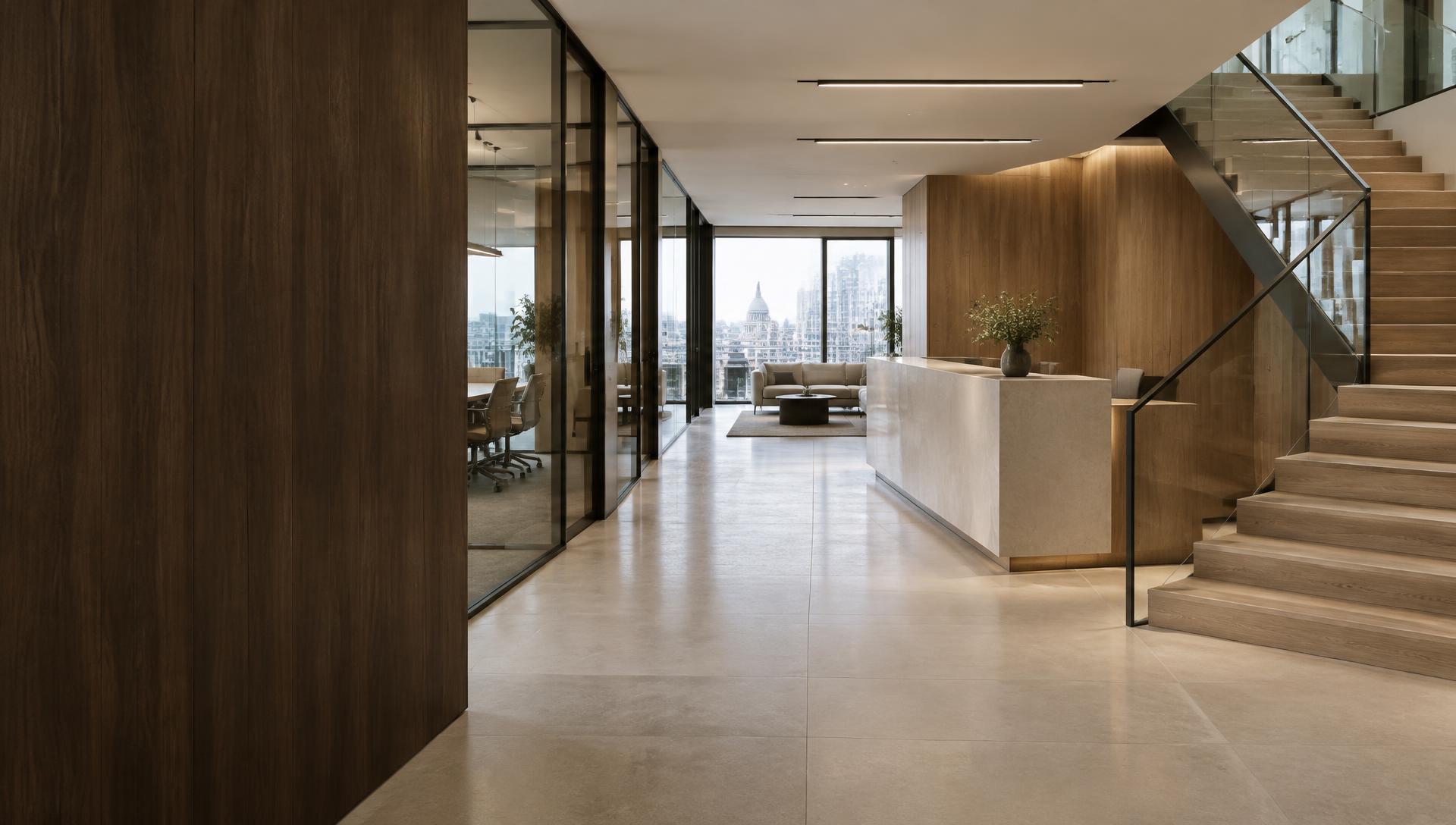 Illustrative completed commercial interior with timber joinery and glass partitions